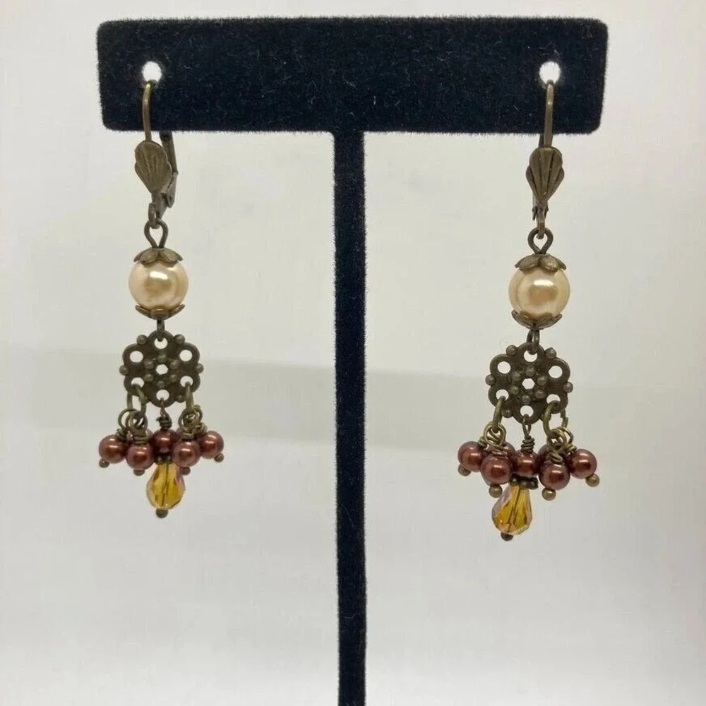 Vintage Style Dangle Earrings Pearl Bronze Brown Amber Leverback Fashion Jewelry